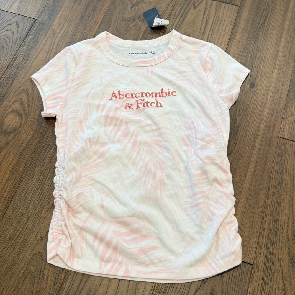 Abercrombie Kids Girls Logo Side-Cinch Tee - Pink Palm Print - Size 13/14